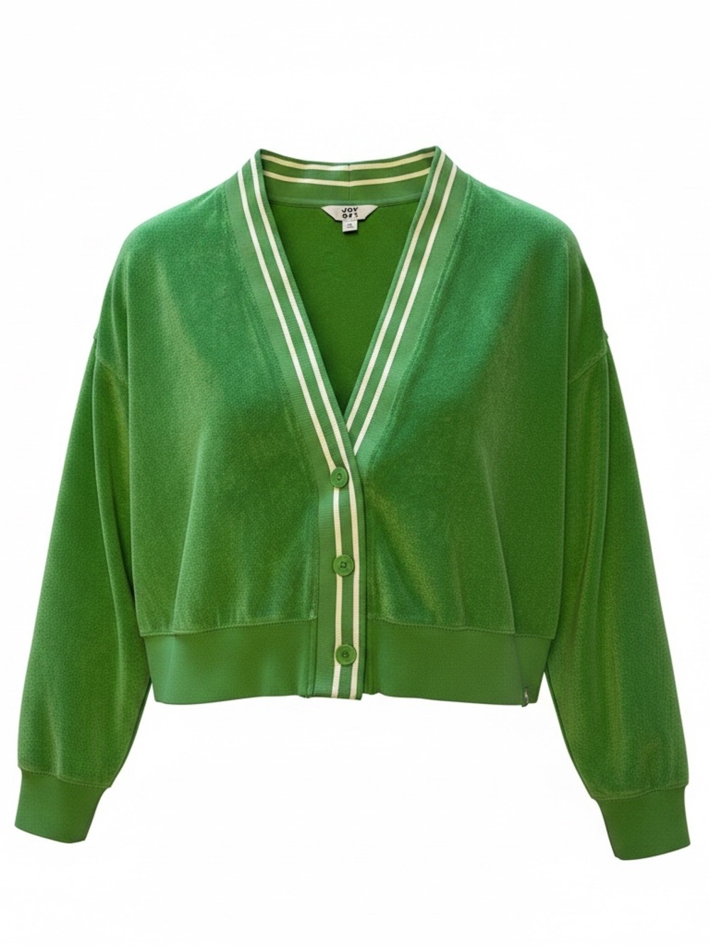 JoyLab Green Cropped V‑Neck Button Cardigan with Cream Stripes
